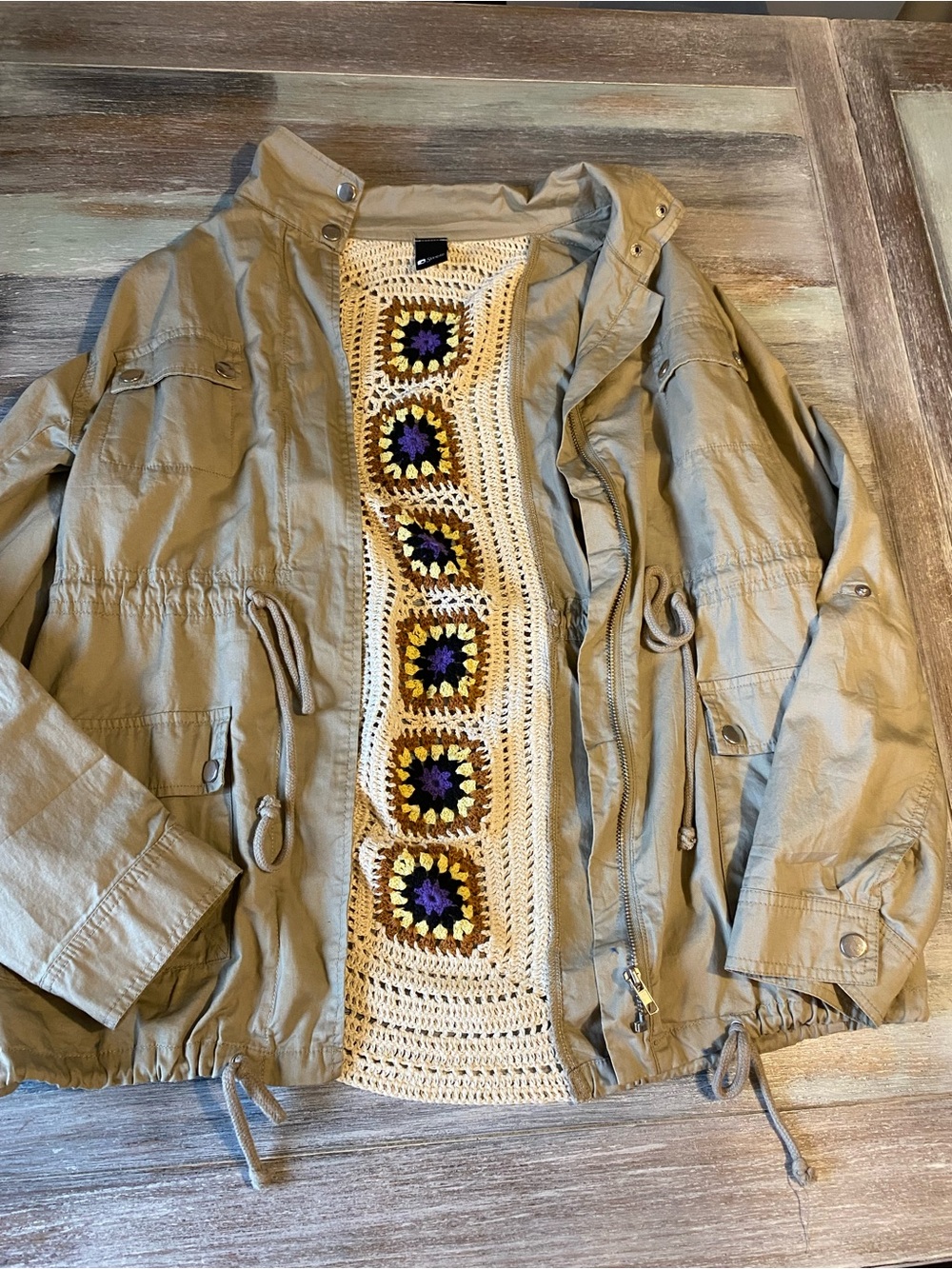 Swell Khaki Crochet Lace Back Jacket tan canvas Womans large boho